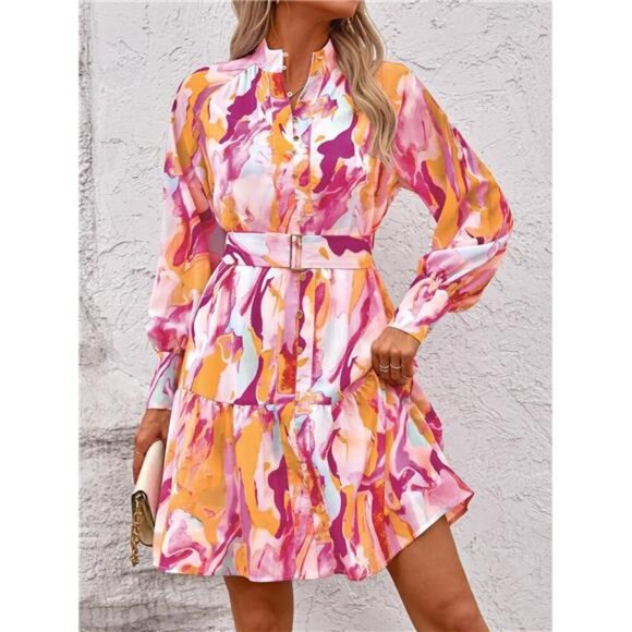 Floral Mini Dress | Long Sleeve Boho A-Line Tiered Empire Waist Short Dress - Picture 3 of 5